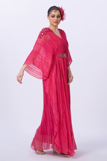 Merge Design_Pink Georgette Embroidery V-neck Self Textured Kaftan _Online_at_Aza_Fashions
