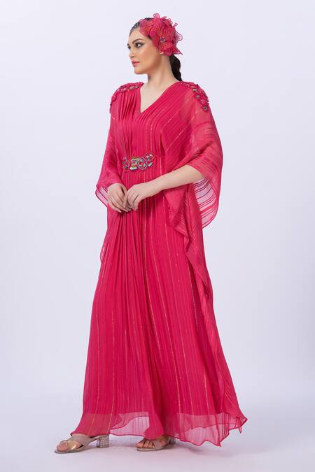 Buy_Merge Design_Pink Georgette Embroidery V-neck Self Textured Kaftan _Online_at_Aza_Fashions