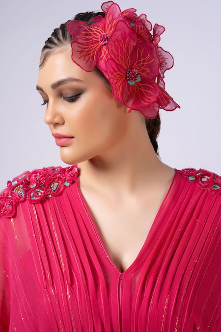 Shop_Merge Design_Pink Georgette Embroidery V-neck Self Textured Kaftan _Online_at_Aza_Fashions