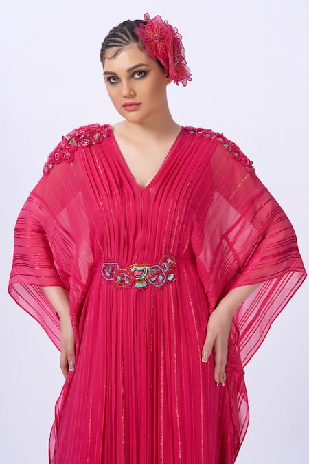 Merge Design_Pink Georgette Embroidery V-neck Self Textured Kaftan _at_Aza_Fashions