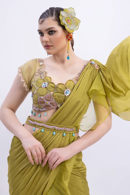 Merge Design Green Organza, Chiffon Mirrors, Applique Scoop Neck Designer Blouse And Saree Online at Aza Fashions Merge Design_Green Organza, Chiffon Mirrors, Applique Scoop Neck Designer Blouse And Saree _Online_at_Aza_Fashions