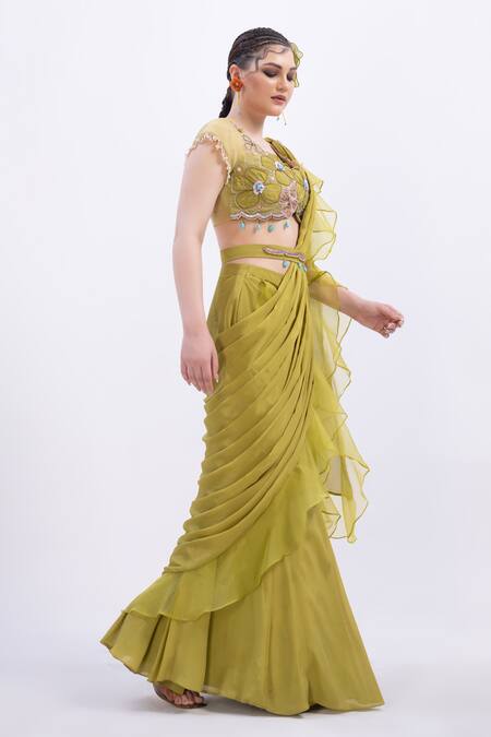 Buy Merge Design Green Organza, Chiffon Mirrors, Applique Scoop Neck Designer Blouse And Saree Online at Aza Fashions Buy_Merge Design_Green Organza, Chiffon Mirrors, Applique Scoop Neck Designer Blouse And Saree _Online_at_Aza_Fashions