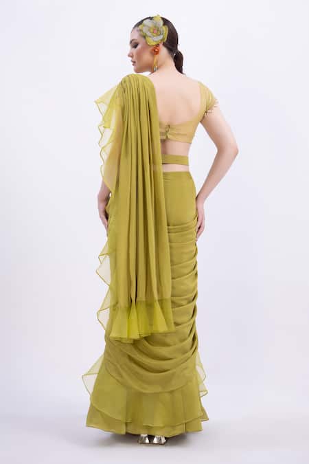 Merge Design Designer Green Organza Blouse & Chiffon Saree 