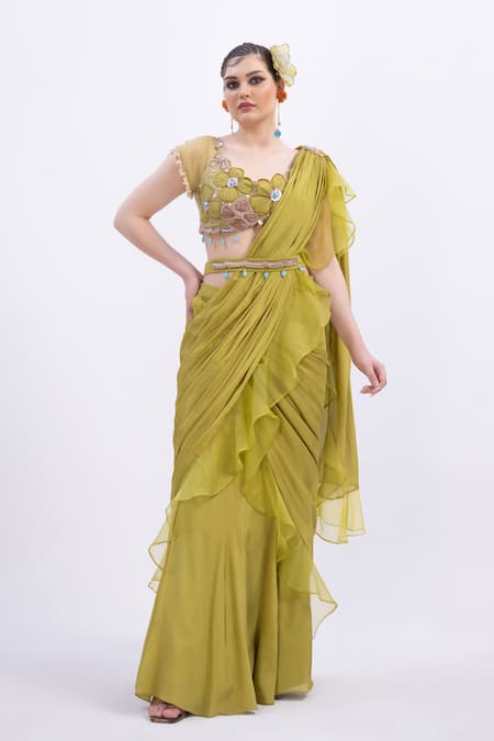 Merge Design Designer Green Organza Blouse & Chiffon Saree 