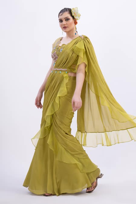Shop Merge Design Green Organza, Chiffon Mirrors, Applique Scoop Neck Designer Blouse And Saree Online at Aza Fashions Shop_Merge Design_Green Organza, Chiffon Mirrors, Applique Scoop Neck Designer Blouse And Saree _Online_at_Aza_Fashions