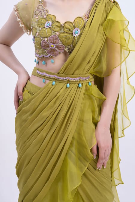 Merge Design Green Organza, Chiffon Mirrors, Applique Scoop Neck Designer Blouse And Saree at Aza Fashions Merge Design_Green Organza, Chiffon Mirrors, Applique Scoop Neck Designer Blouse And Saree _at_Aza_Fashions