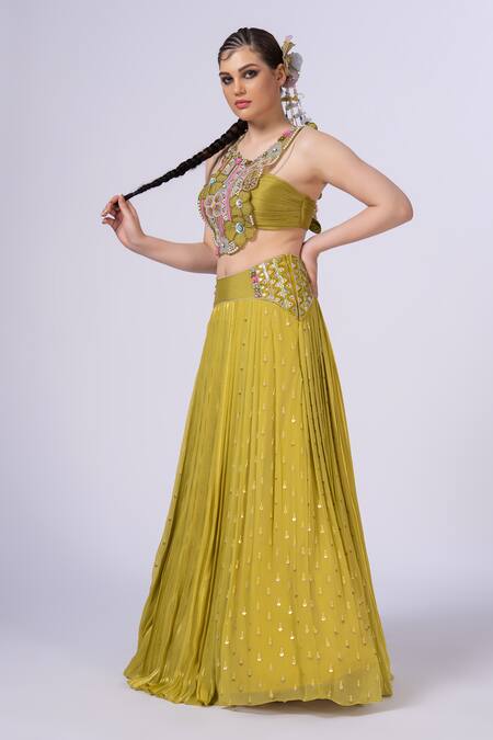 Merge Design_Green Georgette, Chiffon Mirrors, Applique Round Neck Embroidered Lehenga Set _Online_at_Aza_Fashions