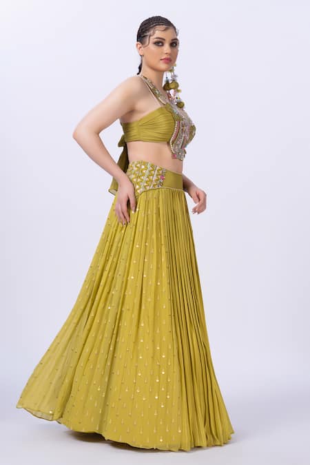 Buy_Merge Design_Green Georgette, Chiffon Mirrors, Applique Round Neck Embroidered Lehenga Set _Online_at_Aza_Fashions