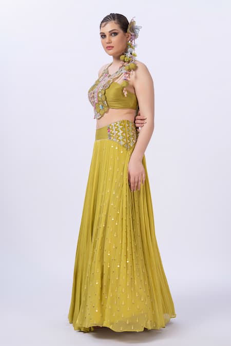 Shop_Merge Design_Green Georgette, Chiffon Mirrors, Applique Round Neck Embroidered Lehenga Set _Online_at_Aza_Fashions
