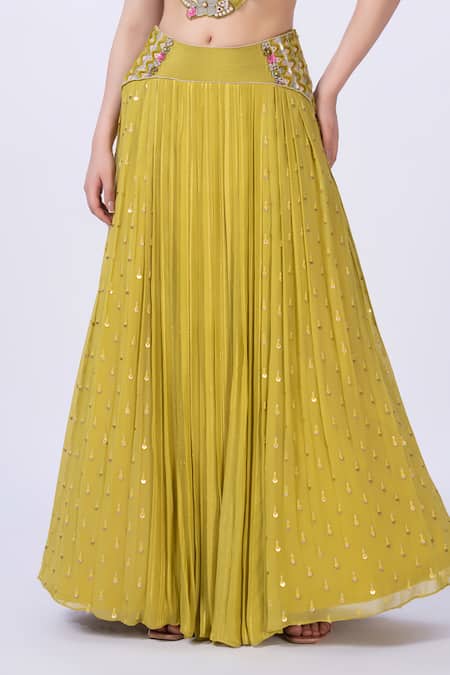 Merge Design_Green Georgette, Chiffon Mirrors, Applique Round Neck Embroidered Lehenga Set _at_Aza_Fashions