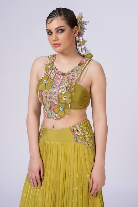 Buy_Merge Design_Green Georgette, Chiffon Mirrors, Applique Round Neck Embroidered Lehenga Set 