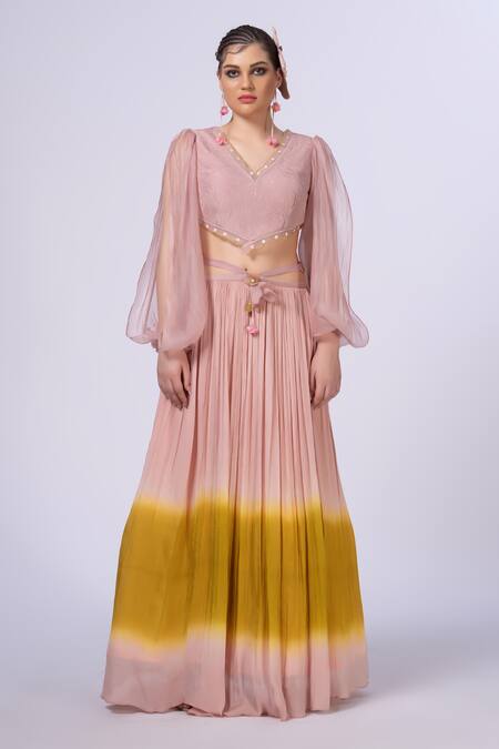 Merge Design_Peach Organza, Chiffon Beads V-neck Thread Work Lehenga Set _Online_at_Aza_Fashions