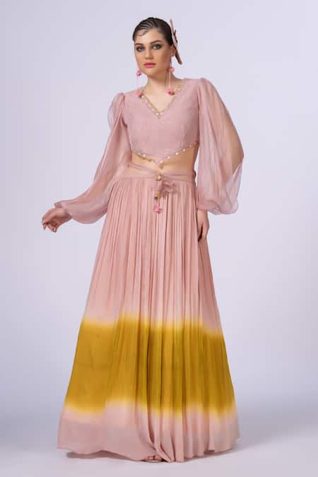 Merge Design Peach Thread Work Lehenga Set 