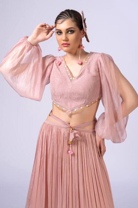 Shop_Merge Design_Peach Organza, Chiffon Beads V-neck Thread Work Lehenga Set _Online_at_Aza_Fashions