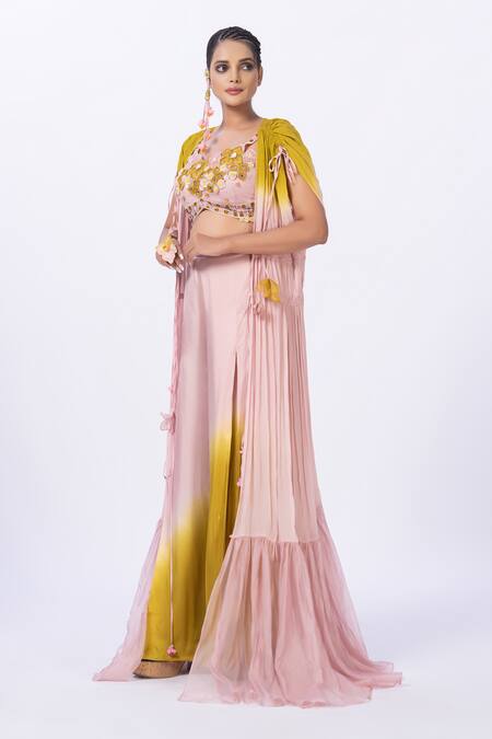 Merge Design_Peach Modal, Satin, Organza, Chiffon Embroidery, Applique, Fabric Top And Pant Set _Online_at_Aza_Fashions