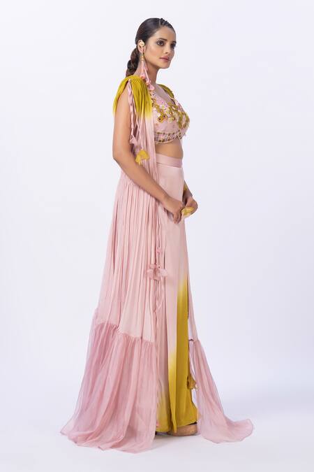 Buy_Merge Design_Peach Modal, Satin, Organza, Chiffon Embroidery, Applique, Fabric Top And Pant Set _Online_at_Aza_Fashions