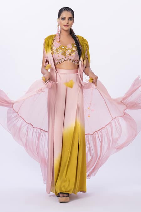 Merge Design Peach Applique Embroidered Top & Pant Set 