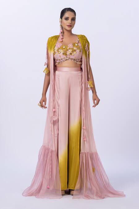Shop_Merge Design_Peach Modal, Satin, Organza, Chiffon Embroidery, Applique, Fabric Top And Pant Set _Online_at_Aza_Fashions