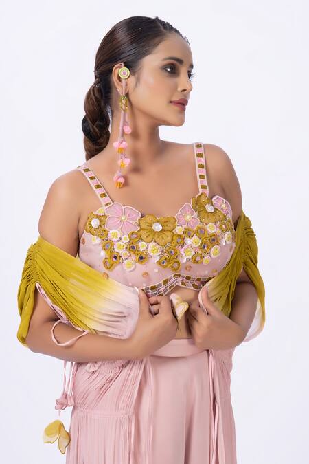 Buy_Merge Design_Peach Modal, Satin, Organza, Chiffon Embroidery, Applique, Fabric Top And Pant Set 