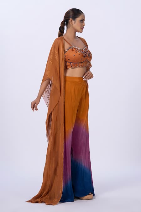 Merge Design_Orange Modal, Satin, Organza Beads, Embroidery Beaded Top And Gradient Pant Set _Online_at_Aza_Fashions