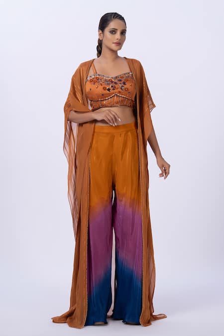 Merge Design Orange Beaded Top & Gradient Pant Set 