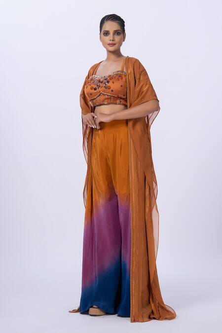 Buy_Merge Design_Orange Modal, Satin, Organza Beads, Embroidery Beaded Top And Gradient Pant Set _Online_at_Aza_Fashions