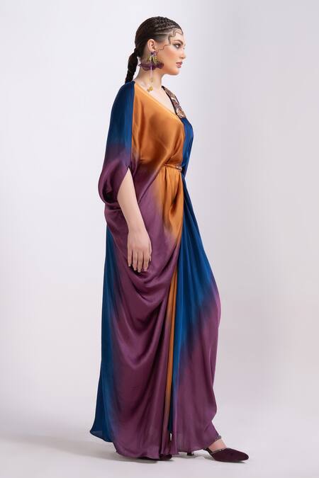 Merge Design_Orange Modal, Satin Embroidery V-neck Color Block Kaftan With Belt _Online_at_Aza_Fashions