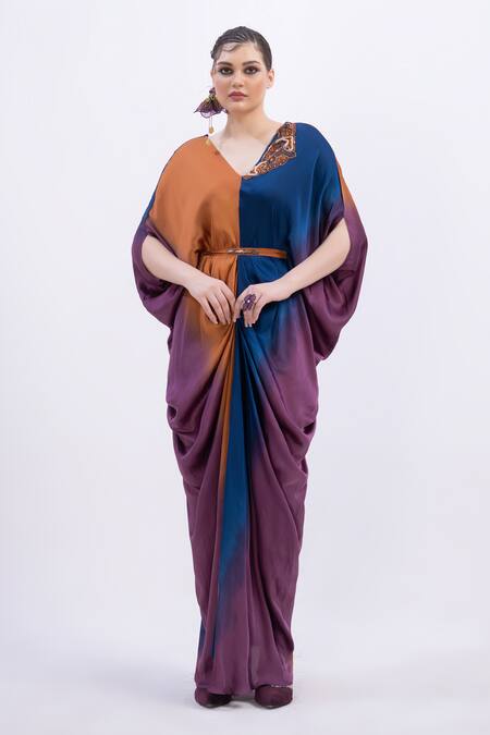 Buy_Merge Design_Orange Modal, Satin Embroidery V-neck Color Block Kaftan With Belt _Online_at_Aza_Fashions