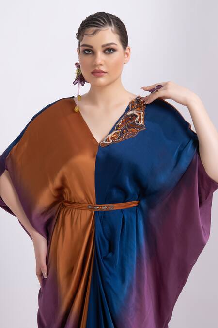 Shop_Merge Design_Orange Modal, Satin Embroidery V-neck Color Block Kaftan With Belt _Online_at_Aza_Fashions