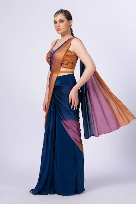 Merge Design_Blue Modal, Satin Beads Round Neck Embellished Pre-draped Saree Set _Online_at_Aza_Fashions