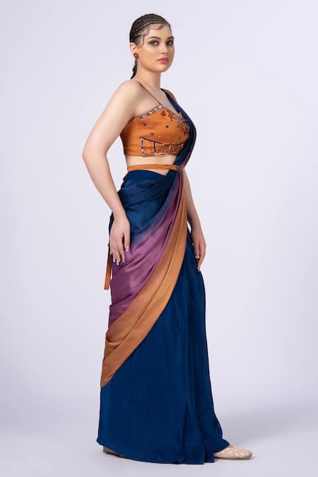 Buy_Merge Design_Blue Modal, Satin Beads Round Neck Embellished Pre-draped Saree Set _Online_at_Aza_Fashions