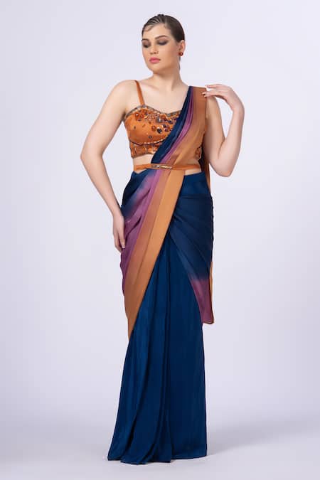 Merge Design Bead Embellished Pre-Draped Saree Set 