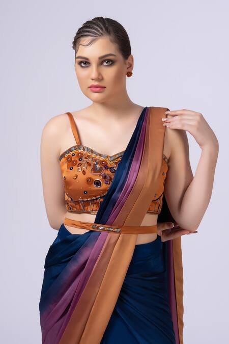 Shop_Merge Design_Blue Modal, Satin Beads Round Neck Embellished Pre-draped Saree Set _Online_at_Aza_Fashions