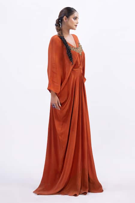 Merge Design_Orange Crepe Beads V-neck Designer Kaftan With Embroidery _Online_at_Aza_Fashions