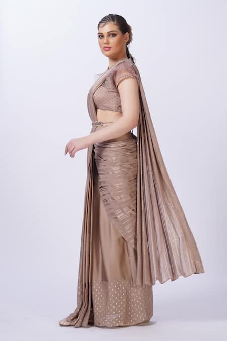 Buy_Merge Design_Beige Chiffon Applique V-neck Pre-draped Saree Set _Online_at_Aza_Fashions