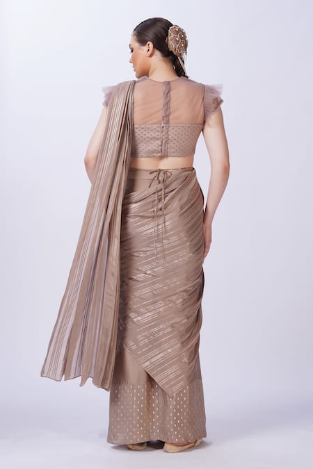 Merge Design Beige Applique Pre-Draped Saree Set 