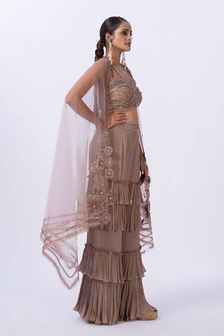 Buy_Merge Design_Beige Chiffon, Net Embroidery, Fabric Flowers Sweetheart Layered Pant Shrug Set _Online_at_Aza_Fashions