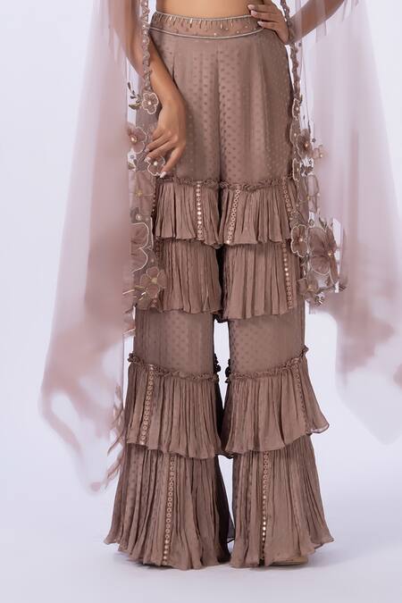 Shop_Merge Design_Beige Chiffon, Net Embroidery, Fabric Flowers Sweetheart Layered Pant Shrug Set _Online_at_Aza_Fashions