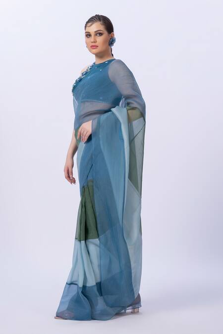 Merge Design_Blue Chiffon, Silk Embroidery, Fabric Flowers, Designer Saree And Blouse Set _Online_at_Aza_Fashions