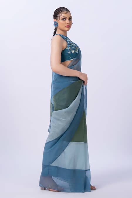 Buy_Merge Design_Blue Chiffon, Silk Embroidery, Fabric Flowers, Designer Saree And Blouse Set _Online_at_Aza_Fashions