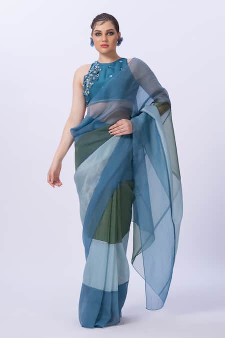 Shop_Merge Design_Blue Chiffon, Silk Embroidery, Fabric Flowers, Designer Saree And Blouse Set _Online_at_Aza_Fashions