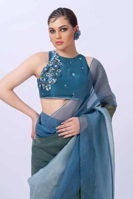 Merge Design_Blue Chiffon, Silk Embroidery, Fabric Flowers, Designer Saree And Blouse Set _at_Aza_Fashions