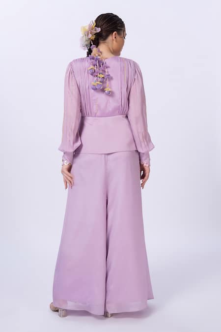 Merge Design Purple Applique Chiffon Top & Pant Set 