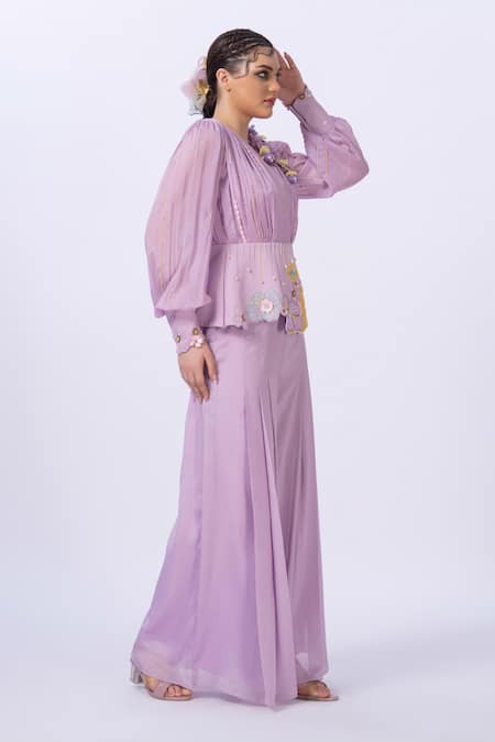 Merge Design_Lavender Chiffon Applique, Embroidery V-neck Purple Top And Pant Set _Online_at_Aza_Fashions