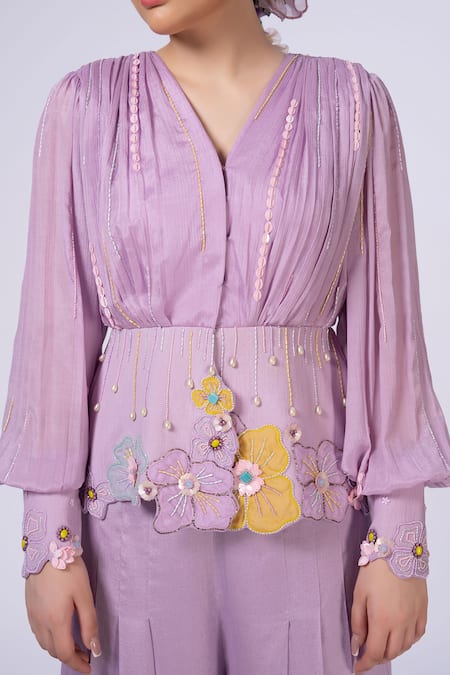 Buy_Merge Design_Lavender Chiffon Applique, Embroidery V-neck Purple Top And Pant Set _Online_at_Aza_Fashions