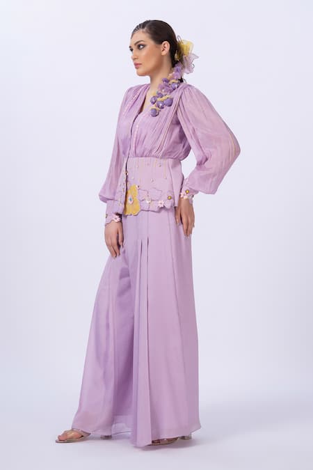 Shop_Merge Design_Lavender Chiffon Applique, Embroidery V-neck Purple Top And Pant Set _Online_at_Aza_Fashions