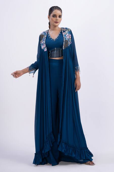 Merge Design_Blue Modal, Satin, Organza, Chiffon Beads V-neck, Embroidered Top Pant Shrug Set _Online_at_Aza_Fashions