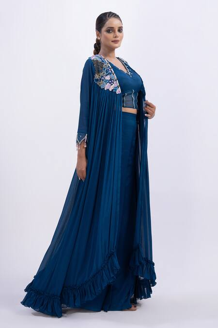 Buy_Merge Design_Blue Modal, Satin, Organza, Chiffon Beads V-neck, Embroidered Top Pant Shrug Set _Online_at_Aza_Fashions