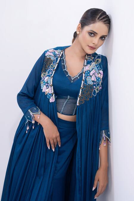 Shop_Merge Design_Blue Modal, Satin, Organza, Chiffon Beads V-neck, Embroidered Top Pant Shrug Set _Online_at_Aza_Fashions