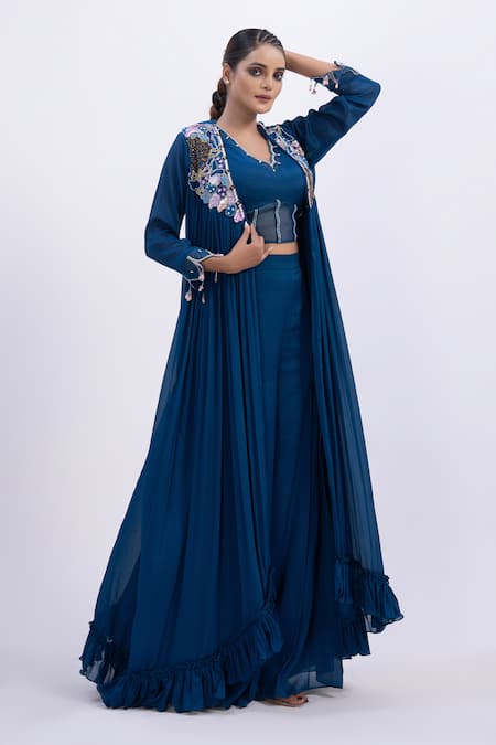Merge Design Blue Embroidered Top Pant Shrug Set 